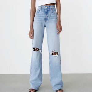 Zara Wide Leg Full Length Ripped Jeans NWT